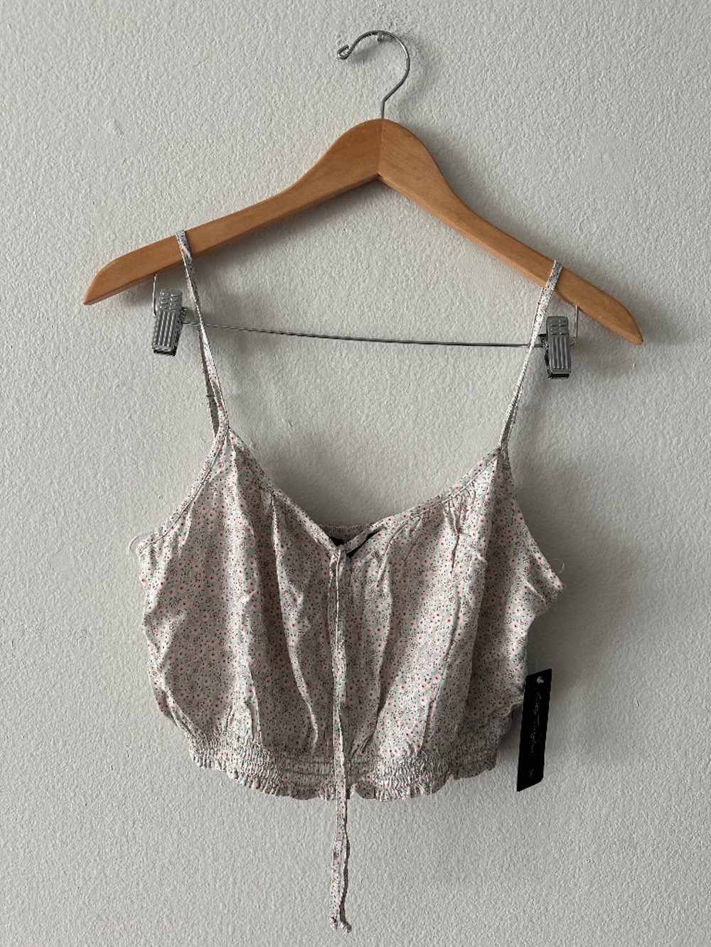 City Triangles White/Pink Floral Tie Front Smocked Rayon Crop Top Women's L